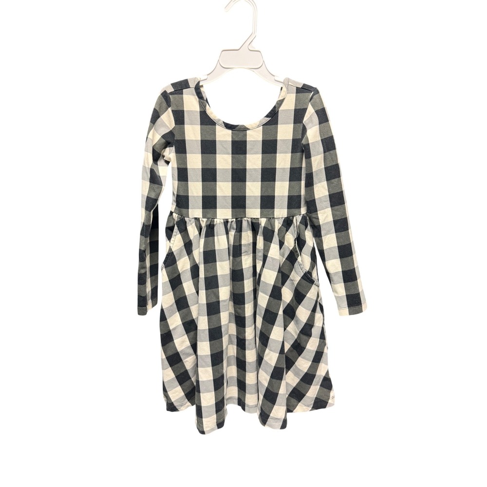 Hanna Andersson Kids Buffalo Check Long Sleeve Skater Dress Black White US 6/7
